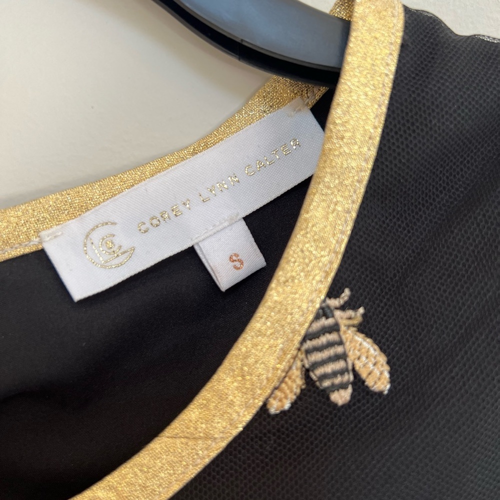 Corey Lynn Calter Dixie Embroidered Honey Bees Black and Gold Trapeze Dress, S - Picture 7 of 10